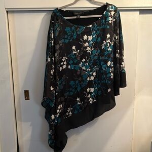Asymmetrical black/teal floral top